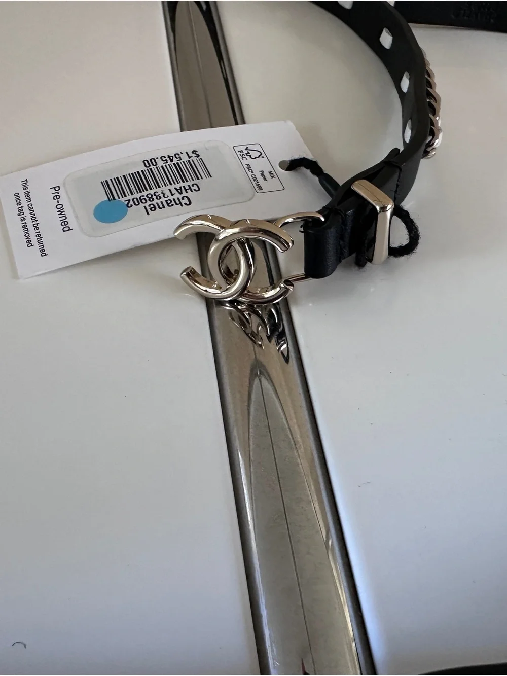CHANEL Black Leather and Silver Chain Waist Belt with CC Logo